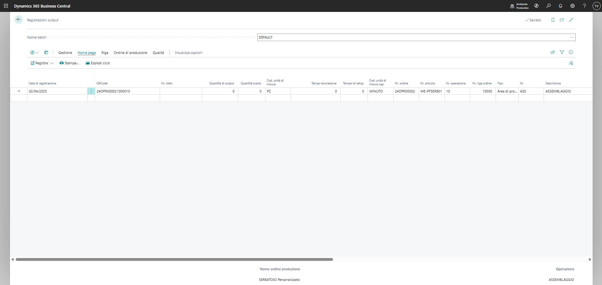 Manufacturing Solutions Registrazioni Output con QR code o Barcode