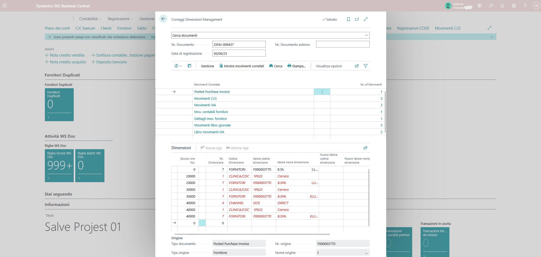 Dimensioni collegate multiple Business Central Innovio