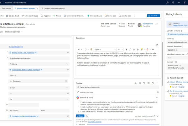 applicativo microsoft dynamics 365 hub del servizio clienti visuale completa di un caso