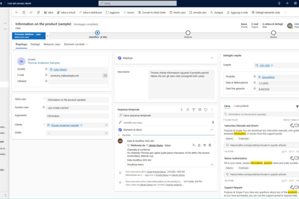 applicativo microsoft dynamics 365 hub del servizio clienti visualizzazione di un caso specifico