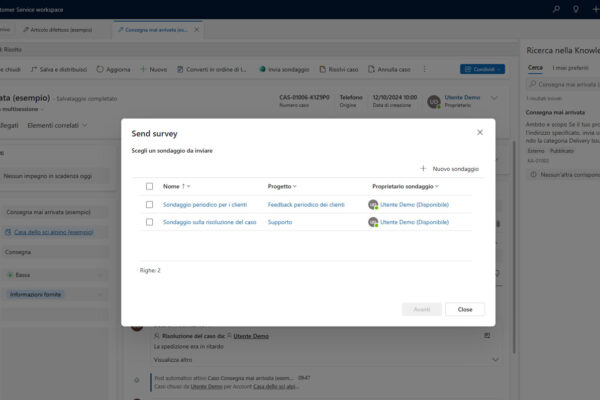 applicativo microsoft dynamics 365 hub del servizio clienti visuale per la scelta di un sondaggio