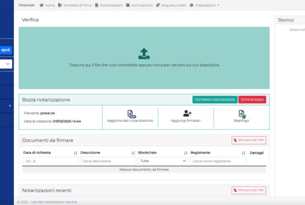 applicativo iuscribo riguardante la notarizzazione con la sua schermata home