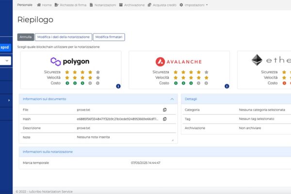 applicativo iuscribo e la sua schermata di riepilogo di un file da notarizzare