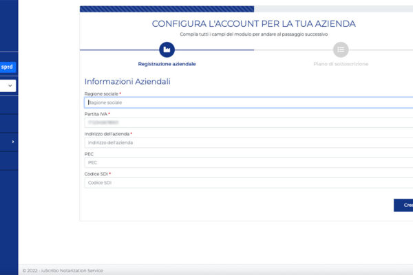 applicativo iuscribo con la sua visualizzazione per la configurazione di un account aziendale