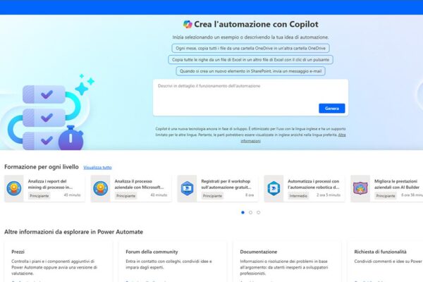 applicativo microsoft power automate visualizzazione della schermata home