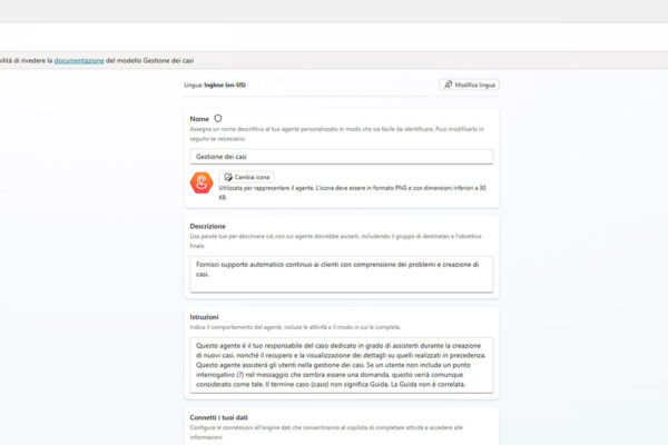 microsoft-copilot-studio-software-innovio-3 applicativo microsoft copilot studio schermata di creazione di un agente per la risoluzione di casi