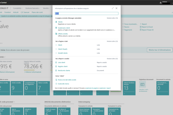 applicativo microsoft dynamics 365 business central schermata di ricerca