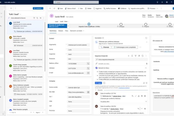 applicativo microsoft dynamics 365 hub delle vendite schermata per la visualizzazione di un lead