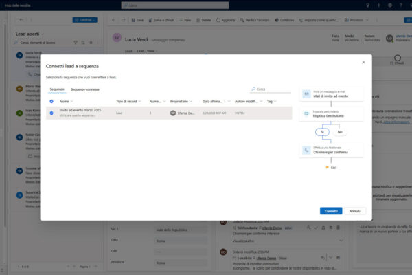 applicativo microsoft dynamics 365 hub delle vendite schermata per connettere un lead a una sequenza