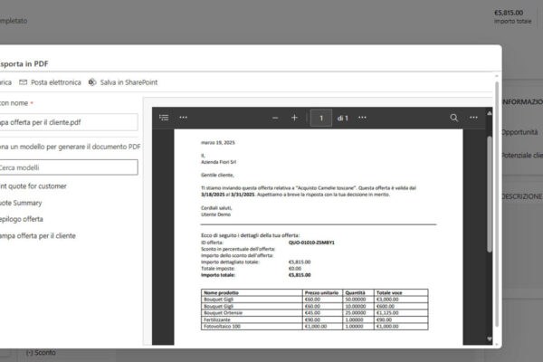 applicativo microsoft dynamics 365 hub delle vendite schermata per esportare in pdf l'offerta