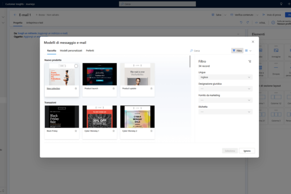 microsoft-dynamics-customer-insight-innovio-9 applicativo microsoft dynamics 365 customer insights schermata per la selezione di modelli per email