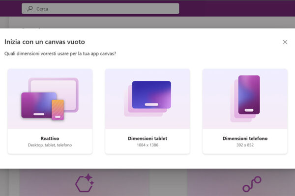 microsoft-power-app-software-innovio-4 applicativo microsoft power apps visualizzazione del menu di creazione di un canvas