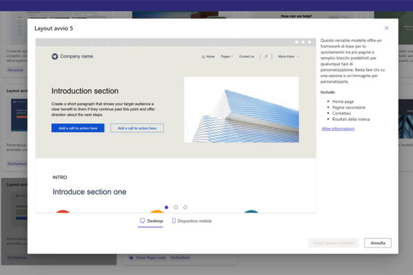 applicativo microsoft power pages visualizzazione di un layout specifico con visualizzazione desktop