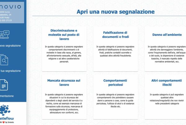 applicativo innovio whistleflow e la sua schermata di informazione riguardante le segnalazioni