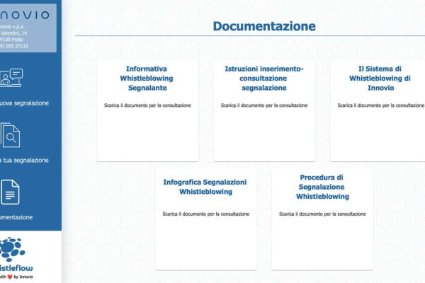 software-whistleflow-whistleflow-innovio-3 applicativo innovio whistleflow e la sua schermata riguardante la documentazione e come ottenerla